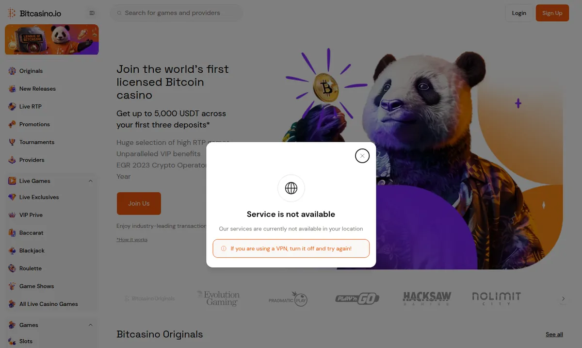 The Bitcasino.io home page as served to a European connection