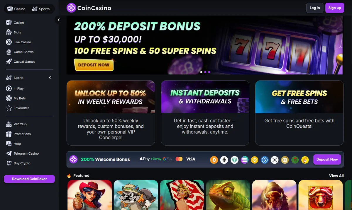 The CoinCasino home page as served to a European connection