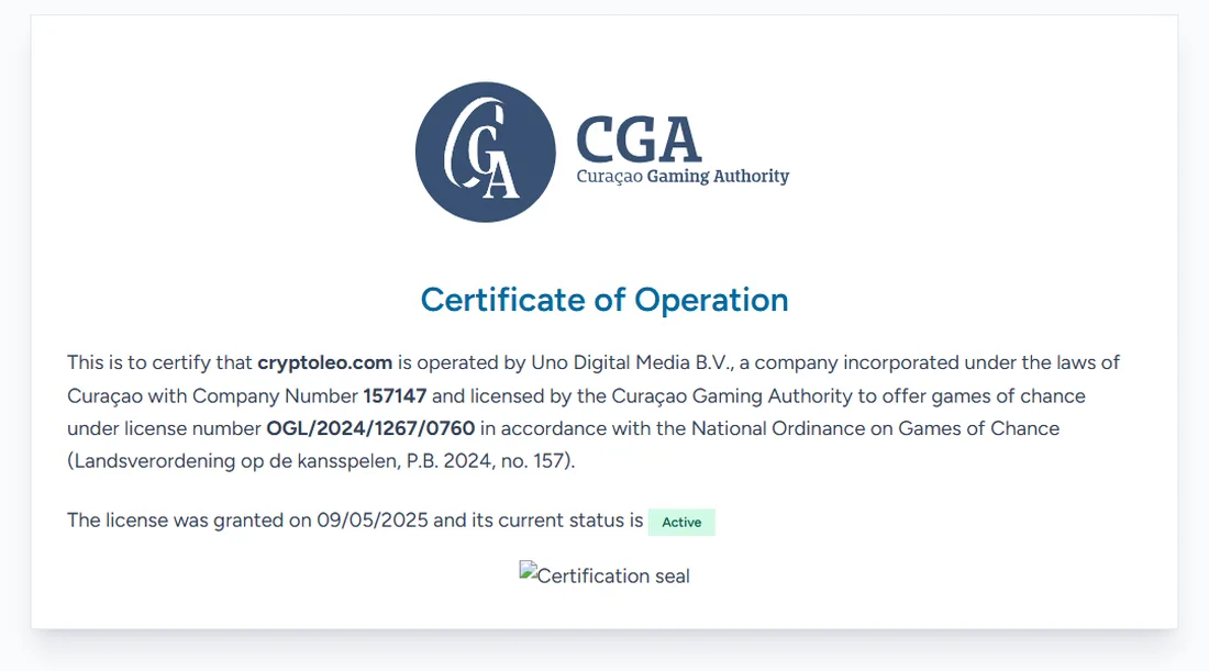 Curaçao Gaming Authority certificate for cryptoleo.com