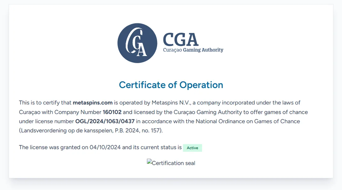 Curaçao Gaming Authority certificate for metaspins.com